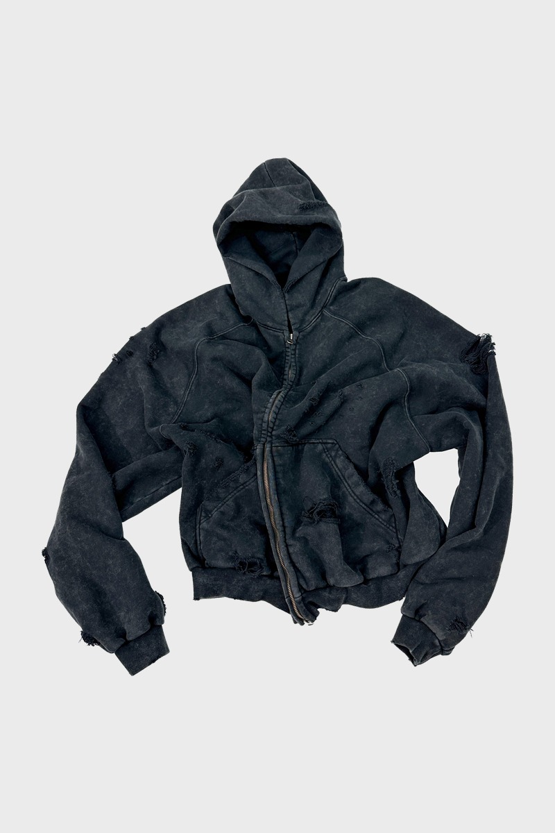 Distressed zip-up hoodie - Washed black