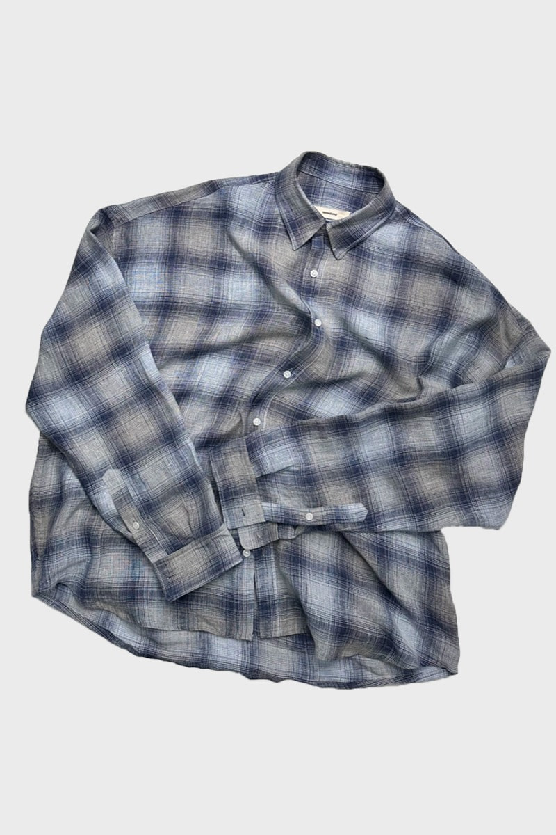 Flexible string check shirt - Japanese linen blue